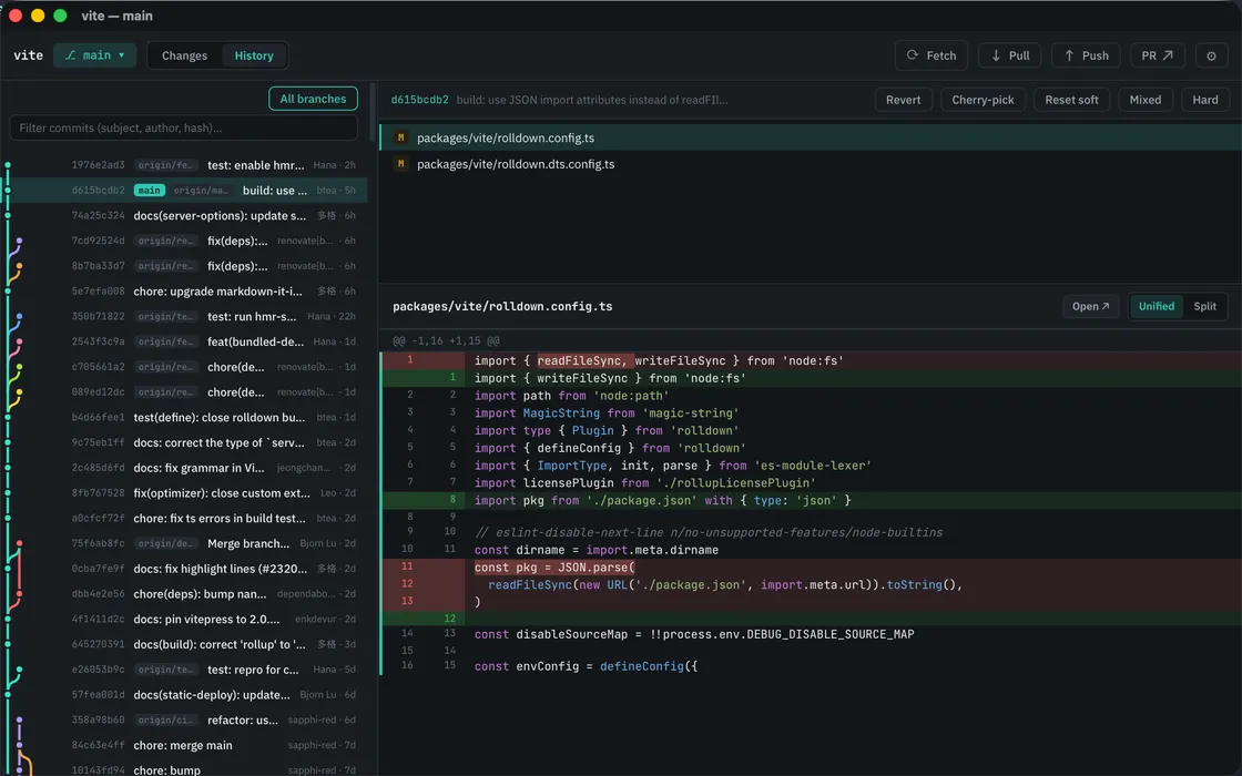 Meridian's history view on the vite repository: thousands of commits in a multi-lane branch graph, opened straight from the terminal