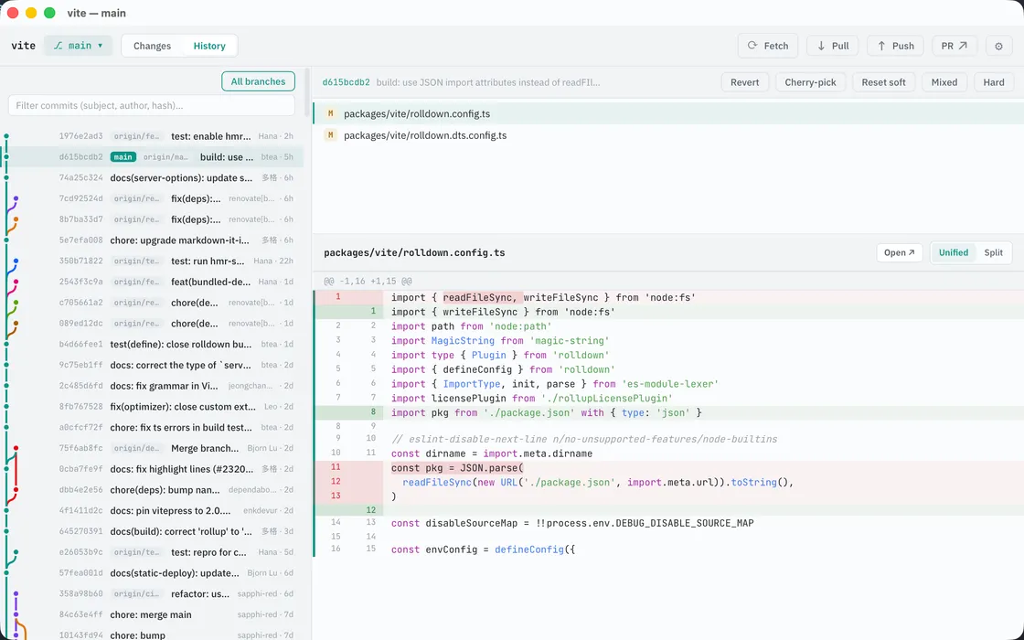Meridian's history view on the vite repository: thousands of commits in a multi-lane branch graph, opened straight from the terminal