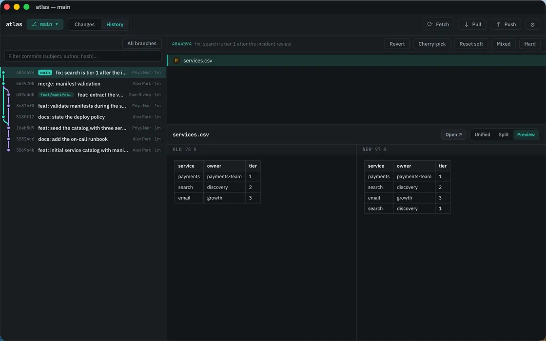 Meridian's history view: a commit graph with branch lanes and a curved merge, and a CSV change from one commit rendered as old and new tables