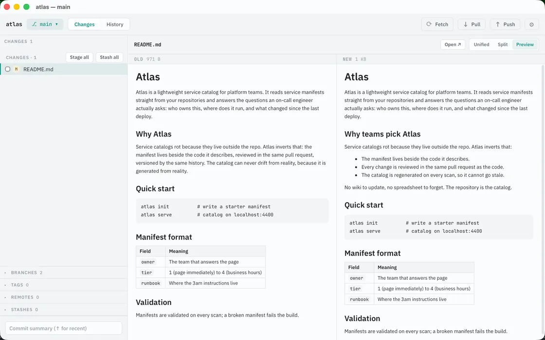 Meridian rendering a README diff as two documents, old beside new: the old version has a prose paragraph under a heading, the new version a retitled heading and a bulleted list